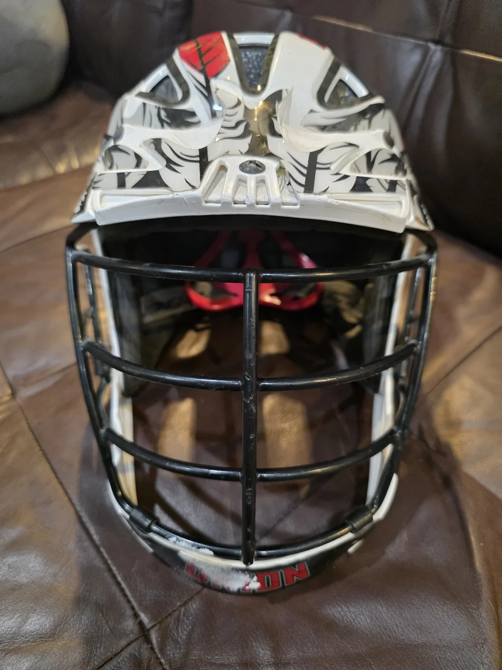 White Red Graphic Lacrosse Helmet with Black Cage